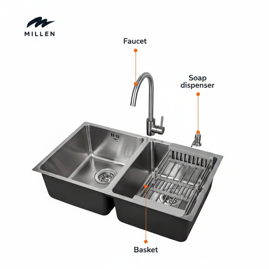 Millen Premium Undermount Top Mount Double Bowl Sink with Faucet and Soap Dispanser – 304 Stainless Steel, Soundproof, Satin Finish - MS7544 SET, 3Y Warranty