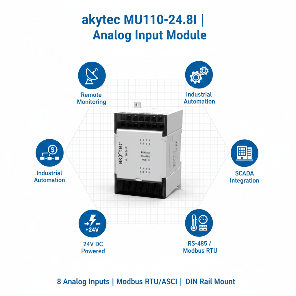 Akytec MU110-24.8I, MU110-24.6U Analog Output Modules (AO, Modbus RTU/ASCII, RS485)