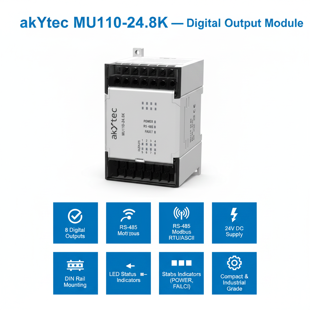 Akytec MU110-24.8R, MU110-24.8K, MU110-24.16R, MU110-24.16K Digital Output Modules (DO, Modbus RTU/ASCII, RS485)