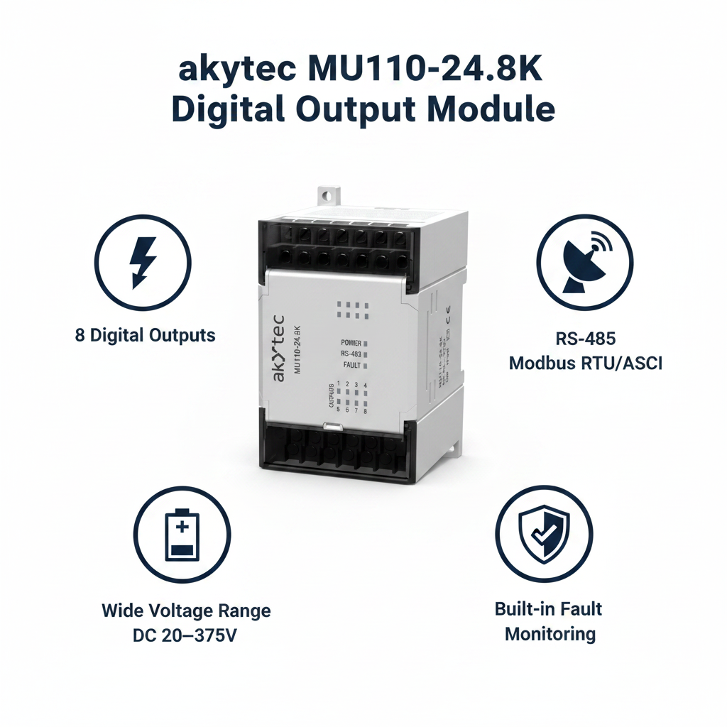 Akytec MU110-24.8R, MU110-24.8K, MU110-24.16R, MU110-24.16K Digital Output Modules (DO, Modbus RTU/ASCII, RS485)