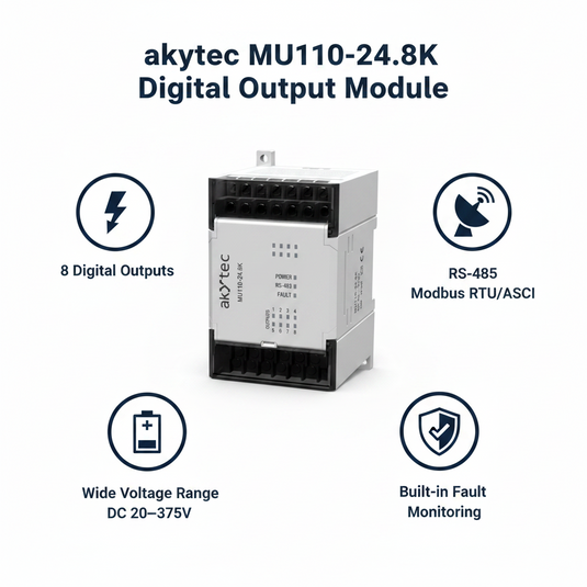 Akytec MU110-24.8R, MU110-24.8K, MU110-24.16R, MU110-24.16K Digital Output Modules (DO, Modbus RTU/ASCII, RS485)