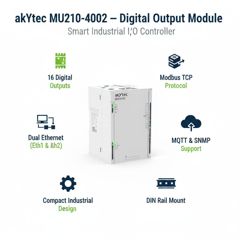 Akytec MU210-401, MU210-402, MU210-410, MU210-501 Digital Output Modules (DO, Modbus TCP, Ethernet)