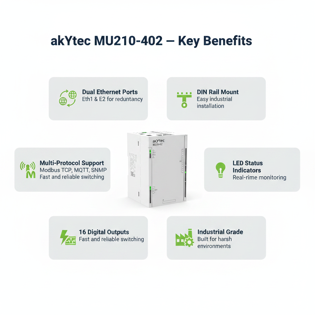 Akytec MU210-401, MU210-402, MU210-410, MU210-501 Digital Output Modules (DO, Modbus TCP, Ethernet)