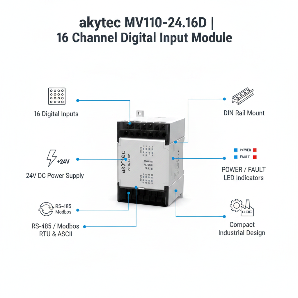 Akytec MV110-24.16D(DN), MK110-24.8D.4R Digital Input modules (DI, Modbus RTU/ASCII, RS485)