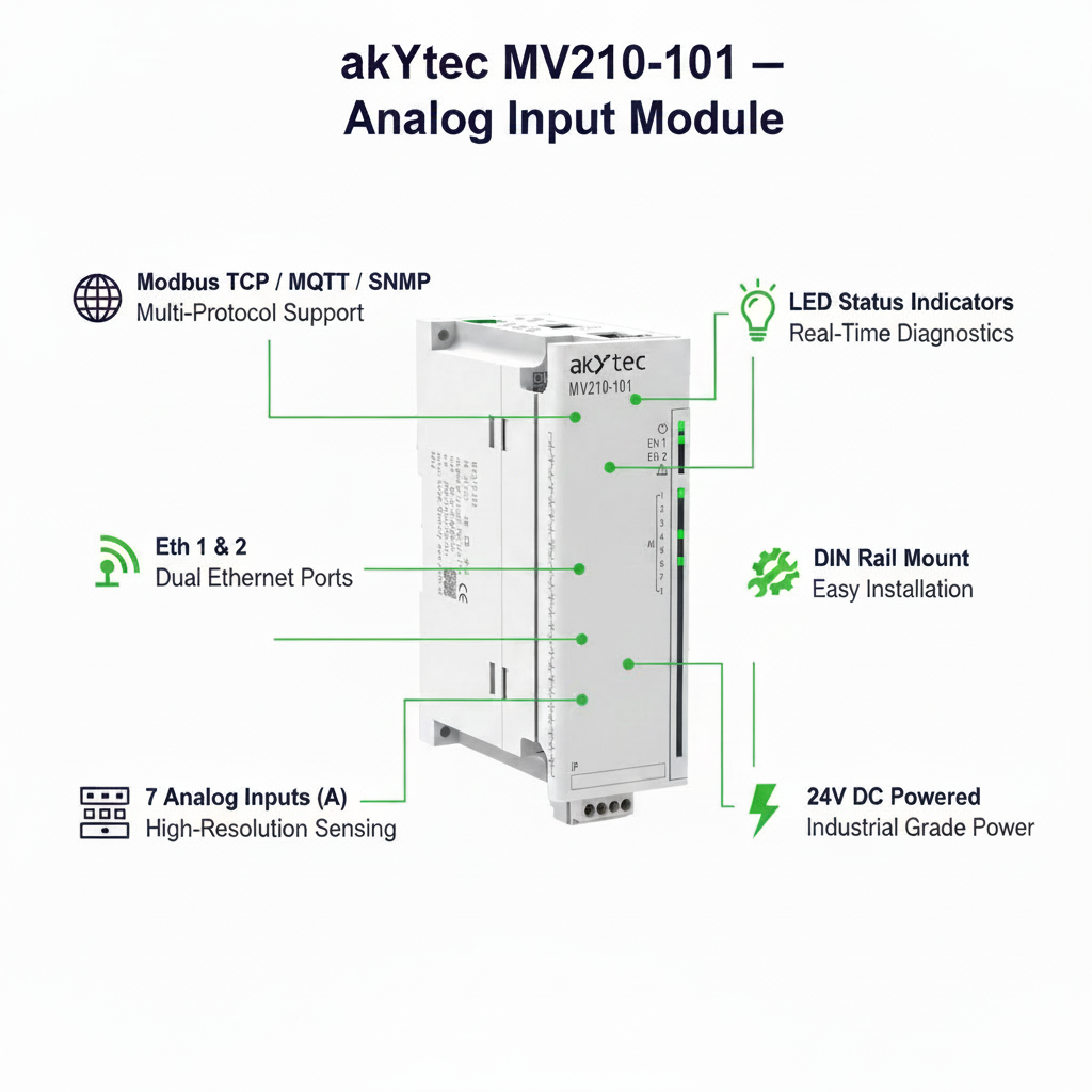 Akytec MV210-101, MV210-202, MV210-204, MV210-212 Analog Input Modules (AI, Modbus TCP, Ethernet)