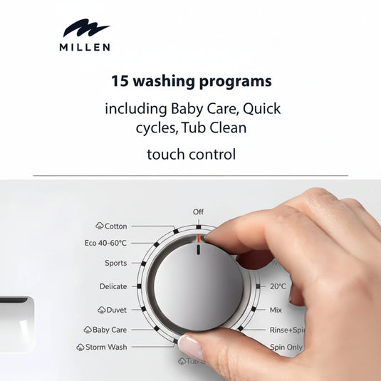 MILLEN 8kg Front Load Washing Machine – Inverter Motor, 15 programs, 1200 RPM, MWM8012WID, 3Y Warranty