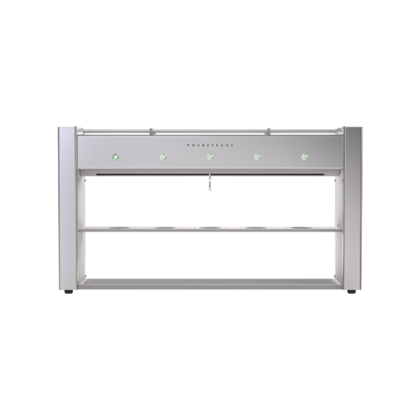 "Front view of the Poursteady PS1 5-cup automated coffee brewer in silver color featuring a sleek industrial design for specialty cafes.