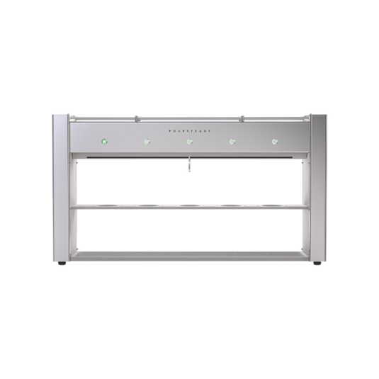 "Front view of the Poursteady PS1 5-cup automated coffee brewer in silver color featuring a sleek industrial design for specialty cafes.