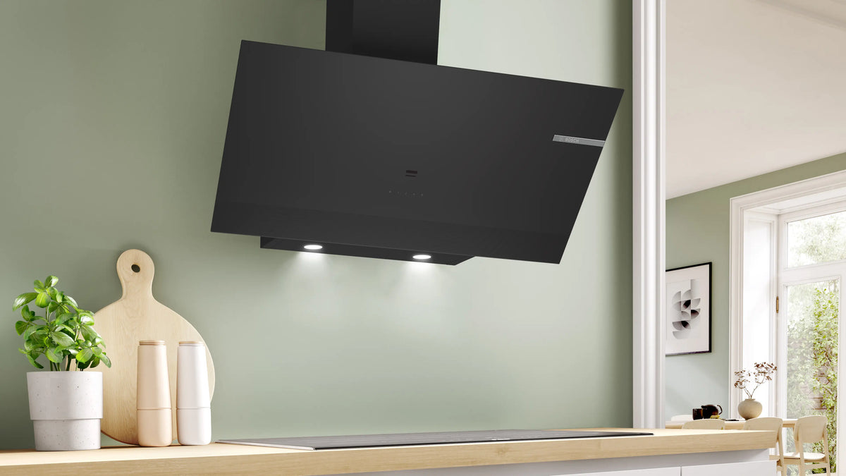 Bosch Series 6 wall-mounted cooker hood DWK97PJ60M 90 cm clear glass black printed
