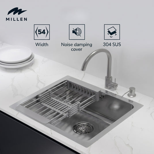 Millen Premium Undermount Top Mount Single Bowl Sink with Faucet – 304 Stainless Steel, Soundproof, Satin Finish - MS5444 SET, 3Y Warranty