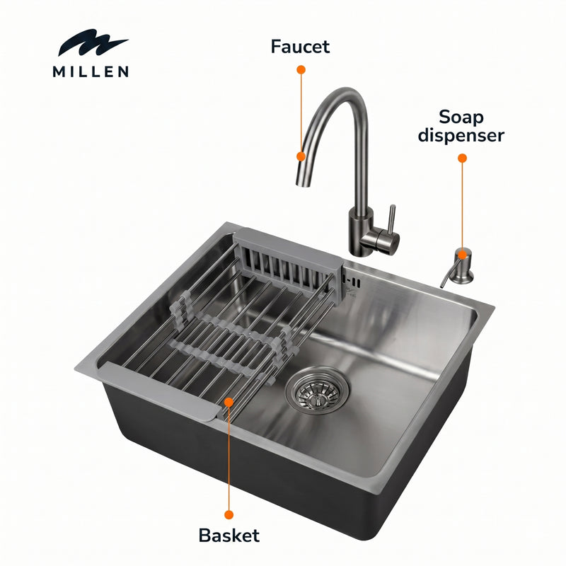 Load image into Gallery viewer, Millen Premium Undermount Top Mount Single Bowl Sink with Faucet – 304 Stainless Steel, Soundproof, Satin Finish - MS5444 SET, 3Y Warranty
