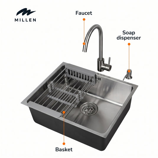 Millen Premium Undermount Top Mount Single Bowl Sink with Faucet – 304 Stainless Steel, Soundproof, Satin Finish - MS5444 SET, 3Y Warranty
