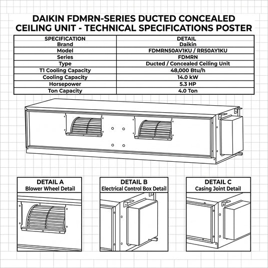 Daikin Ducted Split Air Conditioner 4.0 Ton 14.0 kW 5.3 HP 48,000 Btu/h FDMRN50AV1KU / RR50AY1KU
