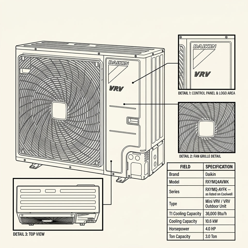 Daikin VRV Outdoor Unit 3.0 Ton 10.6 kW 4.0 HP 36,000 Btu/h RXYMQ4AVMK