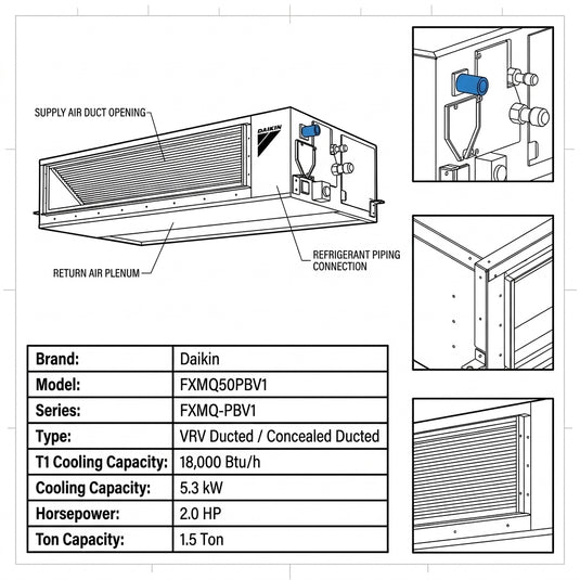 Daikin Ducted Splits for VRV Systems 1.5 Ton 5.3 kW 2.0 HP 18,000 Btu/h FXMQ50PBV1
