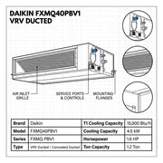Daikin Ducted Splits for VRV Systems 1.2 Ton 4.5 kW 1.6 HP 15,000 Btu/h FXMQ40PBV1