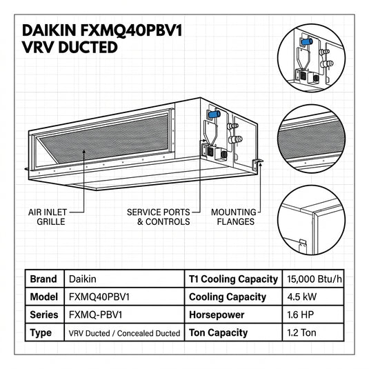 Daikin Ducted Splits for VRV Systems 1.2 Ton 4.5 kW 1.6 HP 15,000 Btu/h FXMQ40PBV1