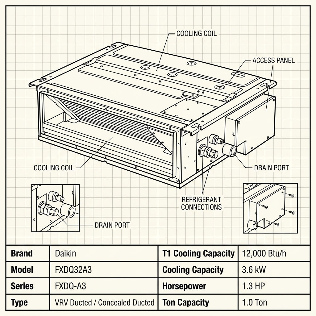 Daikin Ducted Splits for VRV Systems 1.0 Ton 3.6 kW 1.3 HP 12,000 Btu/h FXDQ32A3