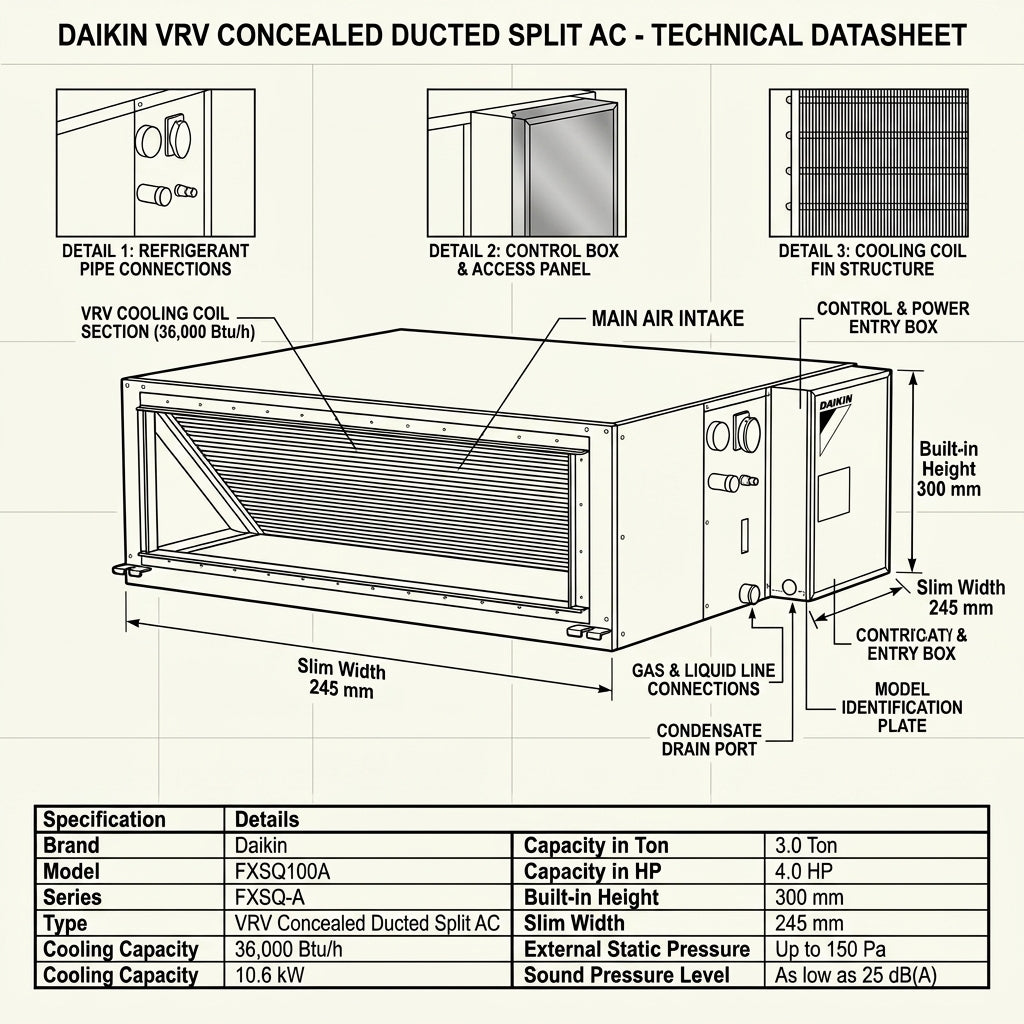 Daikin Ducted Splits for VRV Systems 3.0 Ton 10.6 kW 4.0 HP 36,000 Btu/h FXSQ100A