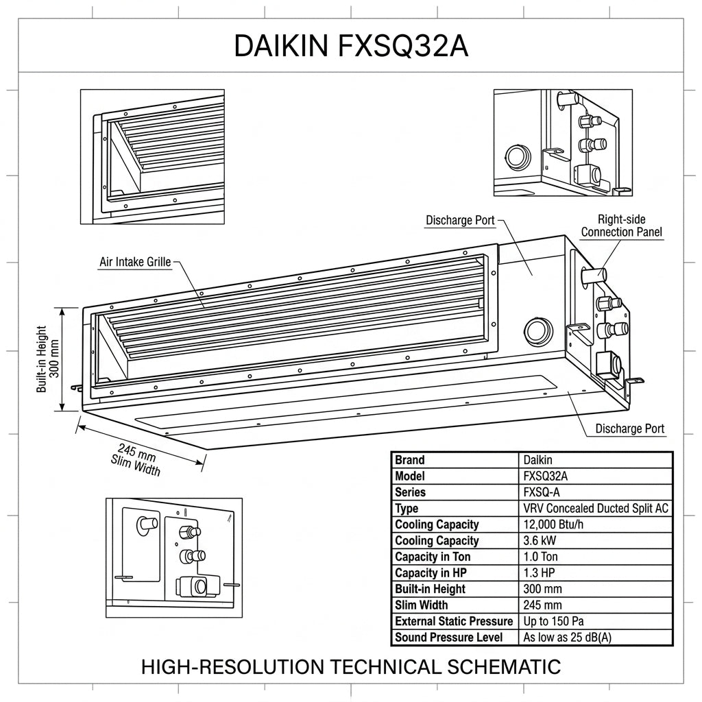 Daikin Ducted Splits for VRV Systems 1.0 Ton 3.6 kW 1.3 HP 12,000 Btu/h FXSQ32A
