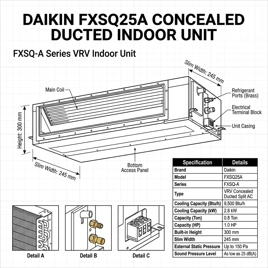 Daikin Ducted Splits for VRV Systems 0.8 Ton 2.8 kW 1.0 HP 9,500 Btu/h FXSQ25A
