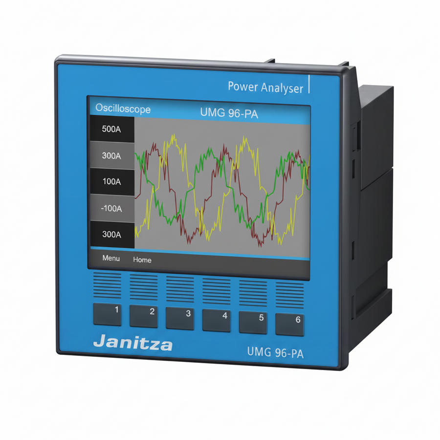 Janitza power analyzer with digital display on a white background