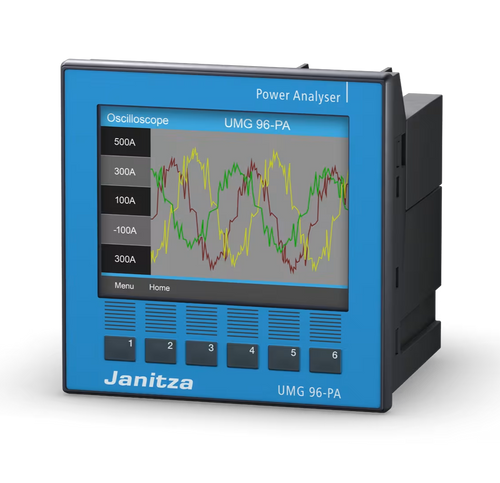 Janitza power analyzer with digital display on a white background