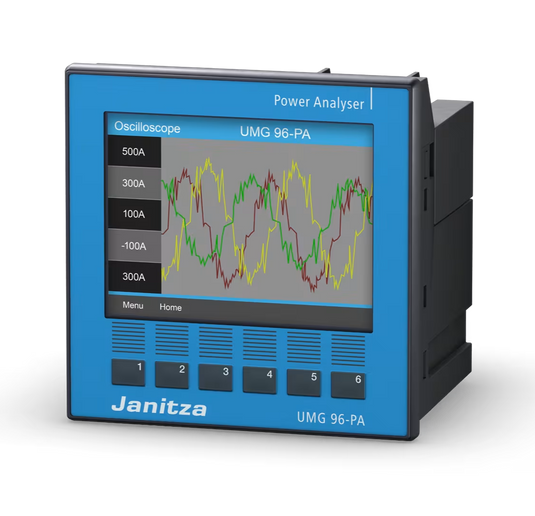 Janitza power analyzer with digital display on a white background