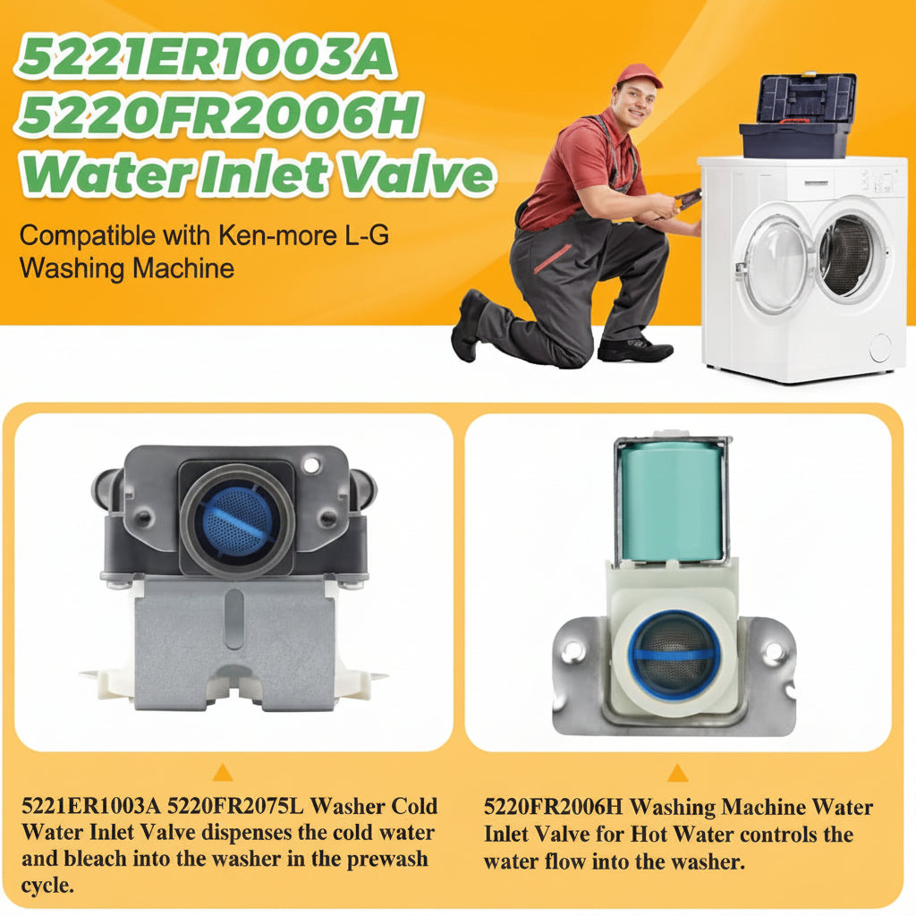 Washing machine and its Water Inlet Valve(OEM Set)by Techecook - Compatible with Ken-more L-G Washing Machine