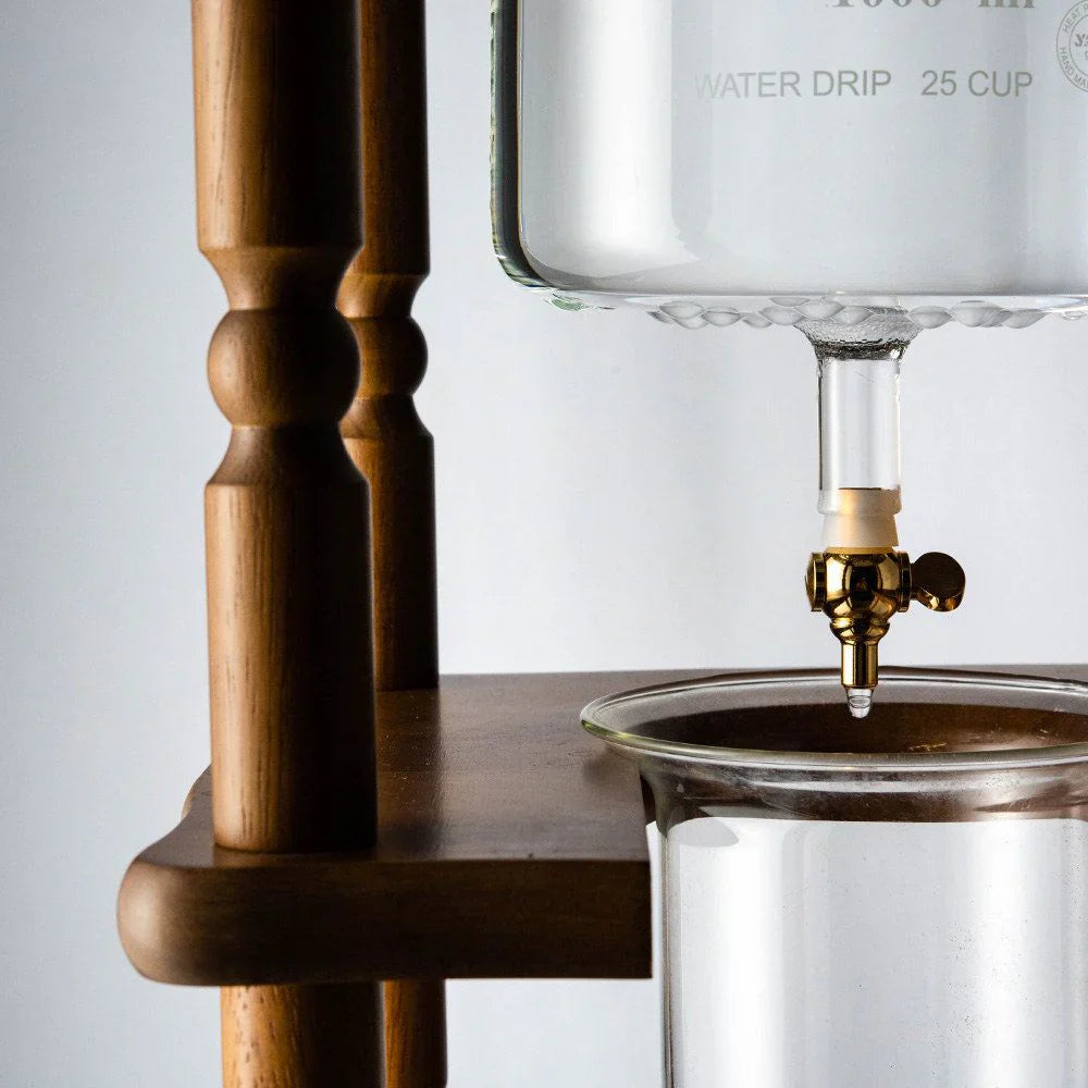 Yama Glass 25 Cup Cold Drip Maker Curved Brown Wood Frame