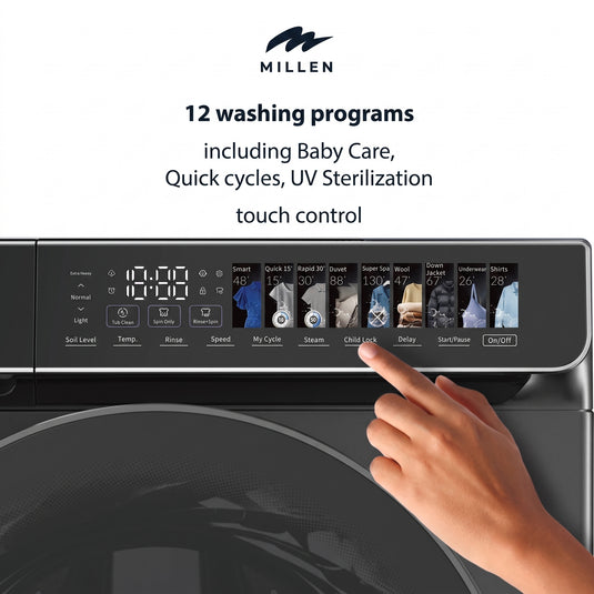Millen Front Load Washing Machine, 12kg Capacity - Inverter Motor, Smart, Powerful, and Efficient, МWM12012BLIDD, 3 Year Warranty