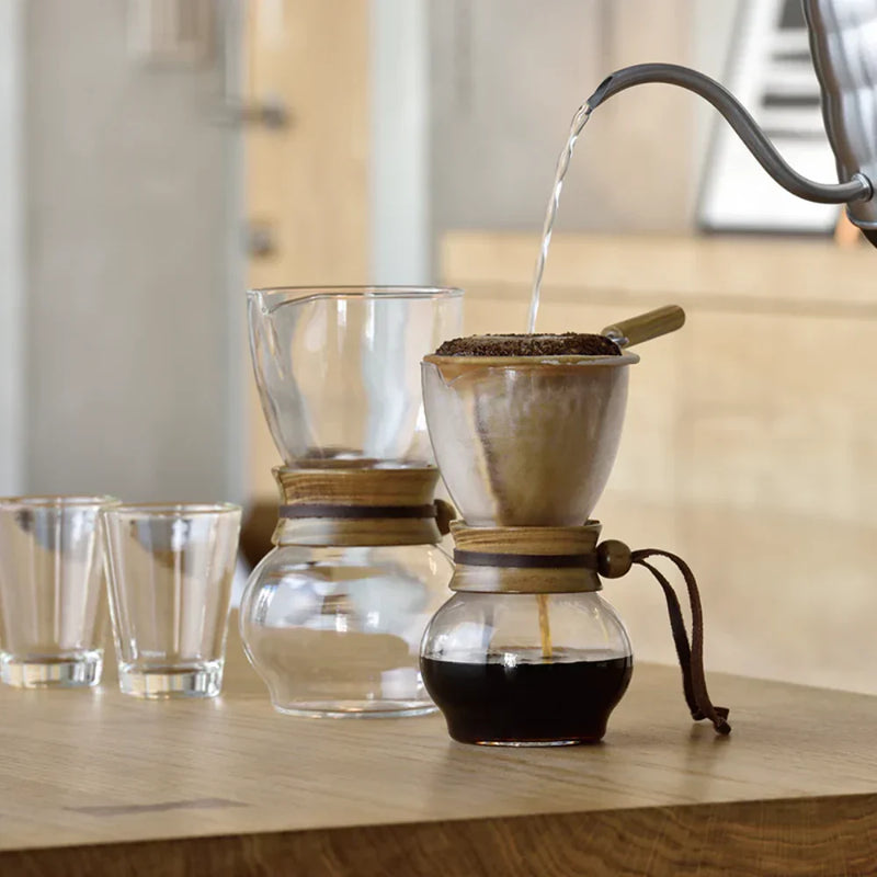 Load image into Gallery viewer, Hario Drip Pot with Olive Woodneck collar and reusable cloth filter for authentic Nel drip coffee brewing.
