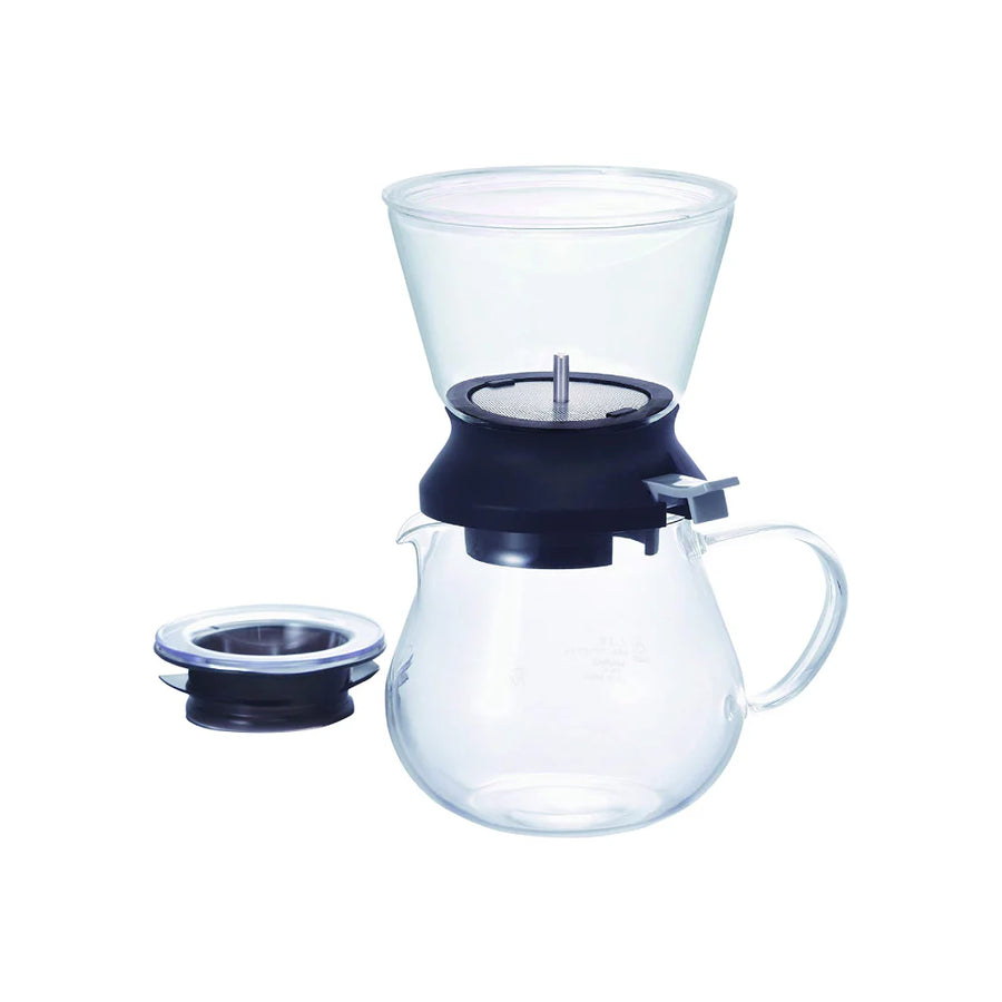 Hario Tea Dripper LARGO 35 set featuring a round glass steeping bowl, silicone base, and matching 800ml glass server.