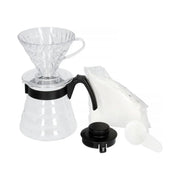 Hario V60 coffee dripper and glass server set, size 02, includes clear pour-over dripper and matching glass carafe.