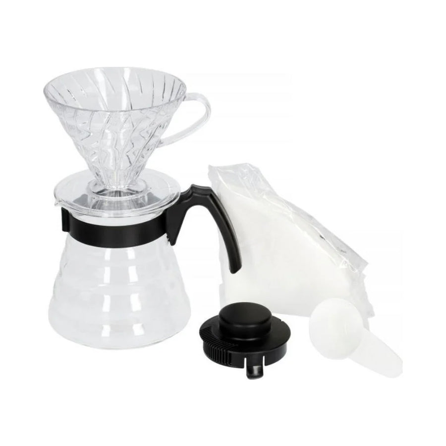 Hario V60 coffee dripper and glass server set, size 02, includes clear pour-over dripper and matching glass carafe.