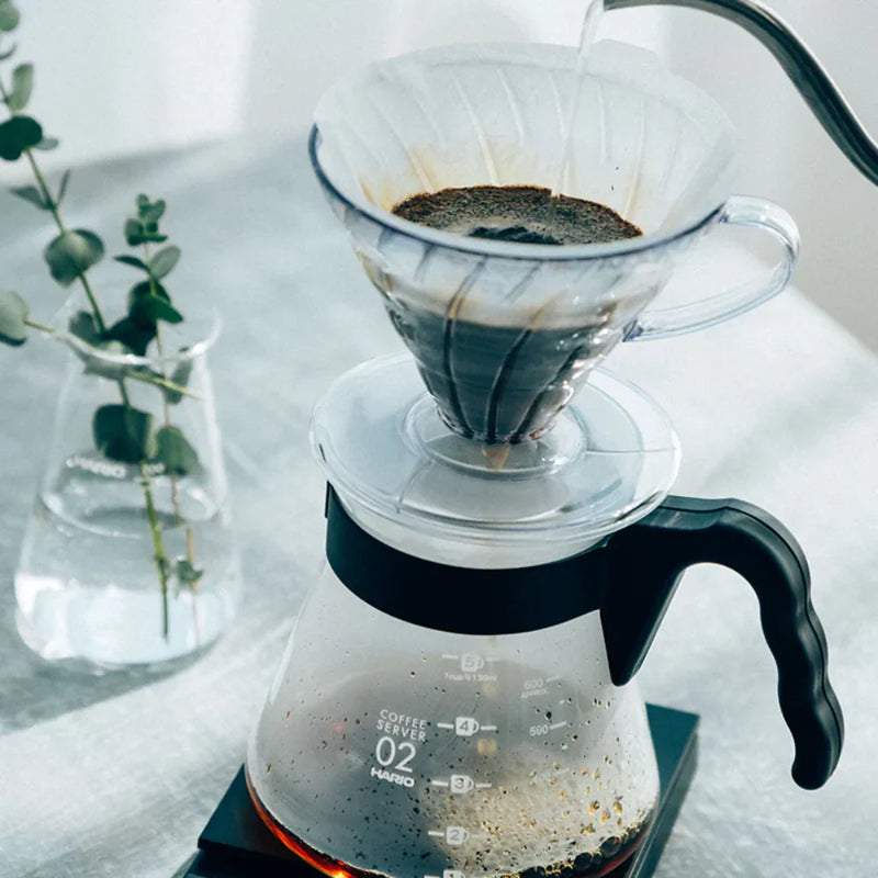 Load image into Gallery viewer, Hario V60 coffee dripper and glass server set, size 02, includes clear pour-over dripper and matching glass carafe.
