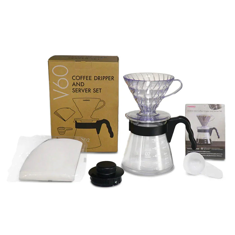 Load image into Gallery viewer, Hario V60 coffee dripper and glass server set, size 02, includes clear pour-over dripper and matching glass carafe.
