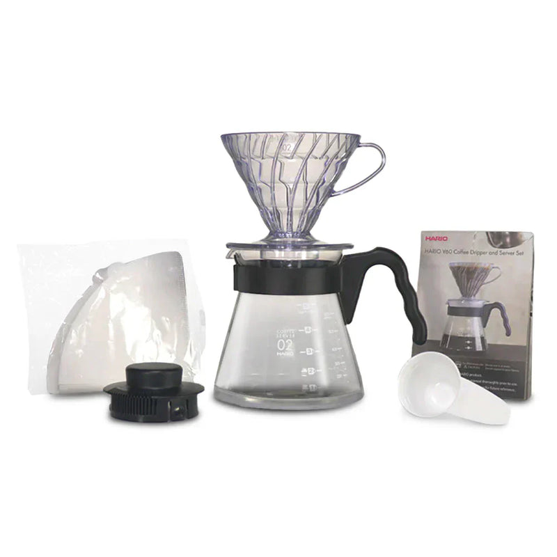 Load image into Gallery viewer, Hario V60 coffee dripper and glass server set, size 02, includes clear pour-over dripper and matching glass carafe.
