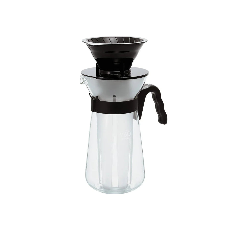 Hario V60 glass iced coffee maker with a 700ml capacity, featuring a clear glass carafe.