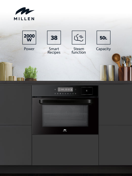 MILLEN 60cm Built In Electric Combi Steam Oven, 38 Smart Recipes, 50L - 3Y Warranty, MEOS 451 BL