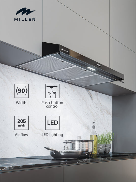 Millen MKH 903 BL Under Cabinet 90cm Black Range Hood, 3 Year Warranty