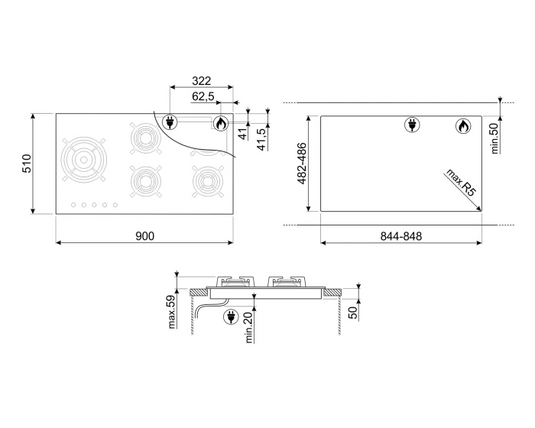 Smeg Built In Gas Hob, 90 cm, PV695LCNR