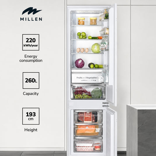 Millen Built-in Refrigerator, 260L Capacity, No Frost, 2 Door Fridge-Freezer, Electronic Control, LED Backlight, Inverter compressor, MBIA 193.3ID white 3 Year Warranty
