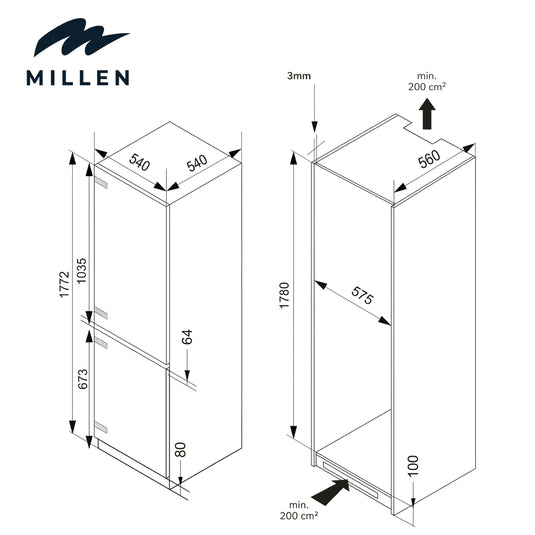 MILLEN 232 Liter Built-In-Refrigerator , Bottom Freezer, Double Door, No Frost, Electronic Control, Color Grey Model – MBIA177.3ID- 1 Year Full 5 Years Compressor Warranty.