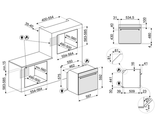Smeg Built In Gas Oven, 60 cm, SF6341GGX