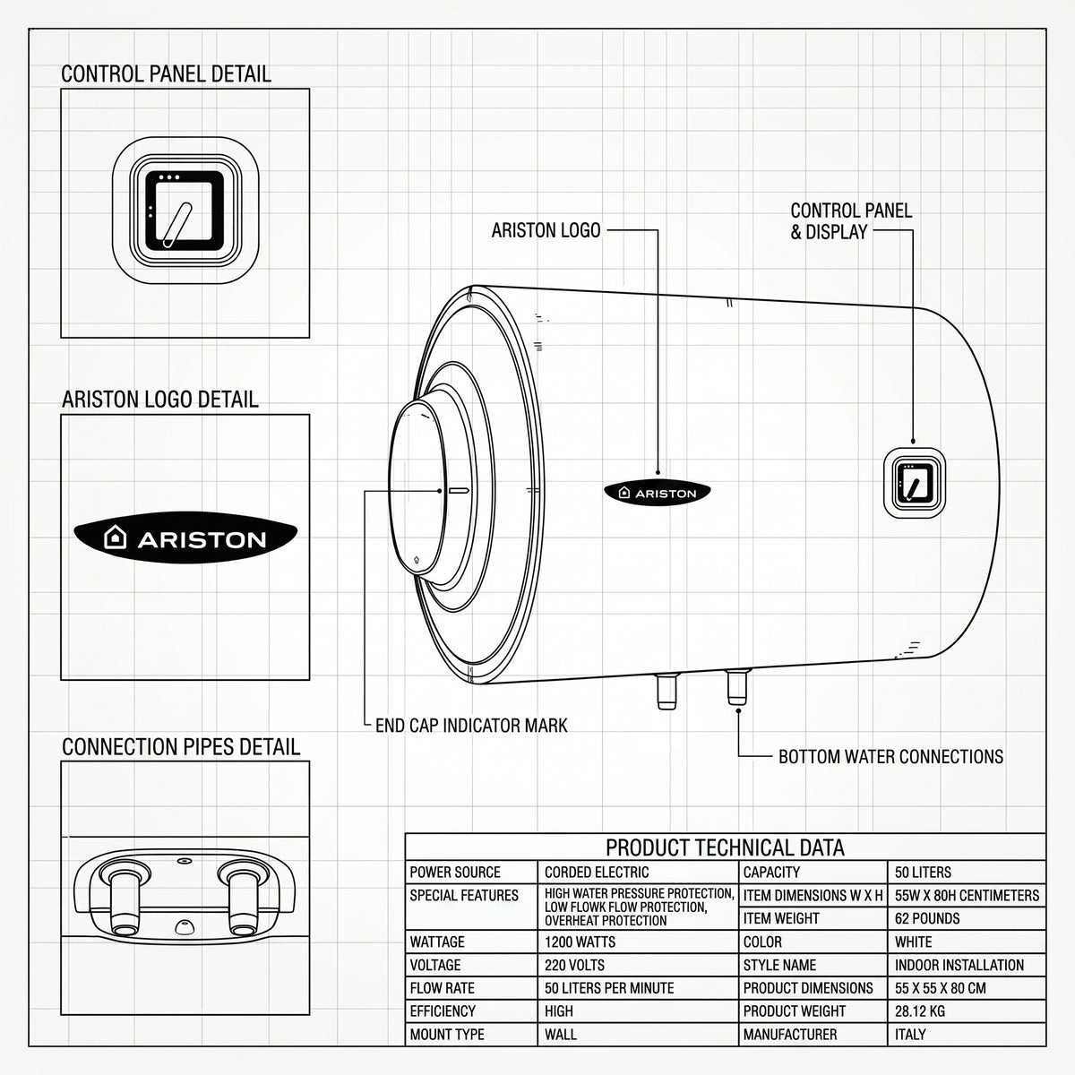 Ariston Electric Water Heater Horizontal PRO1 R Italy, 50 Liter - White