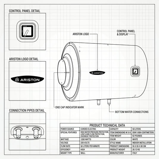Ariston Electric Water Heater Horizontal PRO1 R Italy, 50 Liter - White