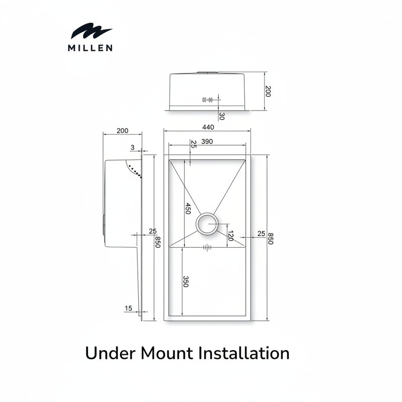 Load image into Gallery viewer, Millen Premium Handmade Undermount Top mount Single Bowl Sink With Drainer - SUS 304 Stainless Steel, Soundproof, Satin Finish - MSD854420SS

