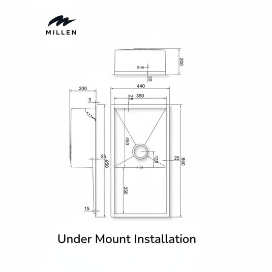 Millen Premium Handmade Undermount Top mount Single Bowl Sink With Drainer - SUS 304 Stainless Steel, Soundproof, Satin Finish - MSD854420SS