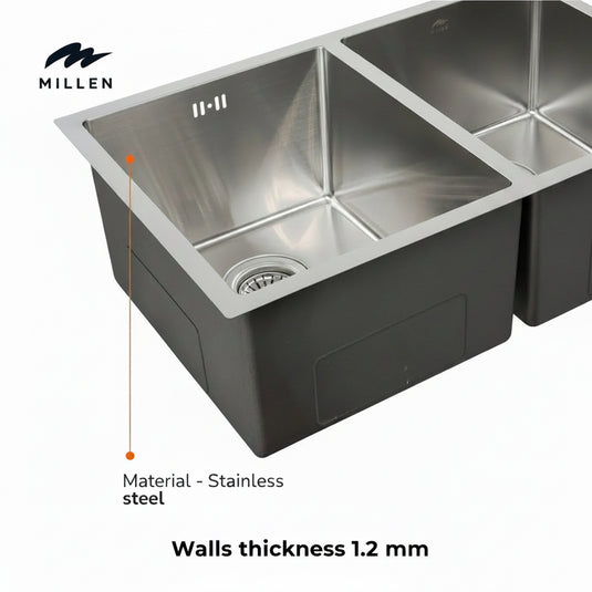 MILLEN Handmade Undermount Sink, Double Bowl, Satin Finish, Soundproof, Color Stainless Steel Model – MSDB12764525SS – 1 Year Warranty